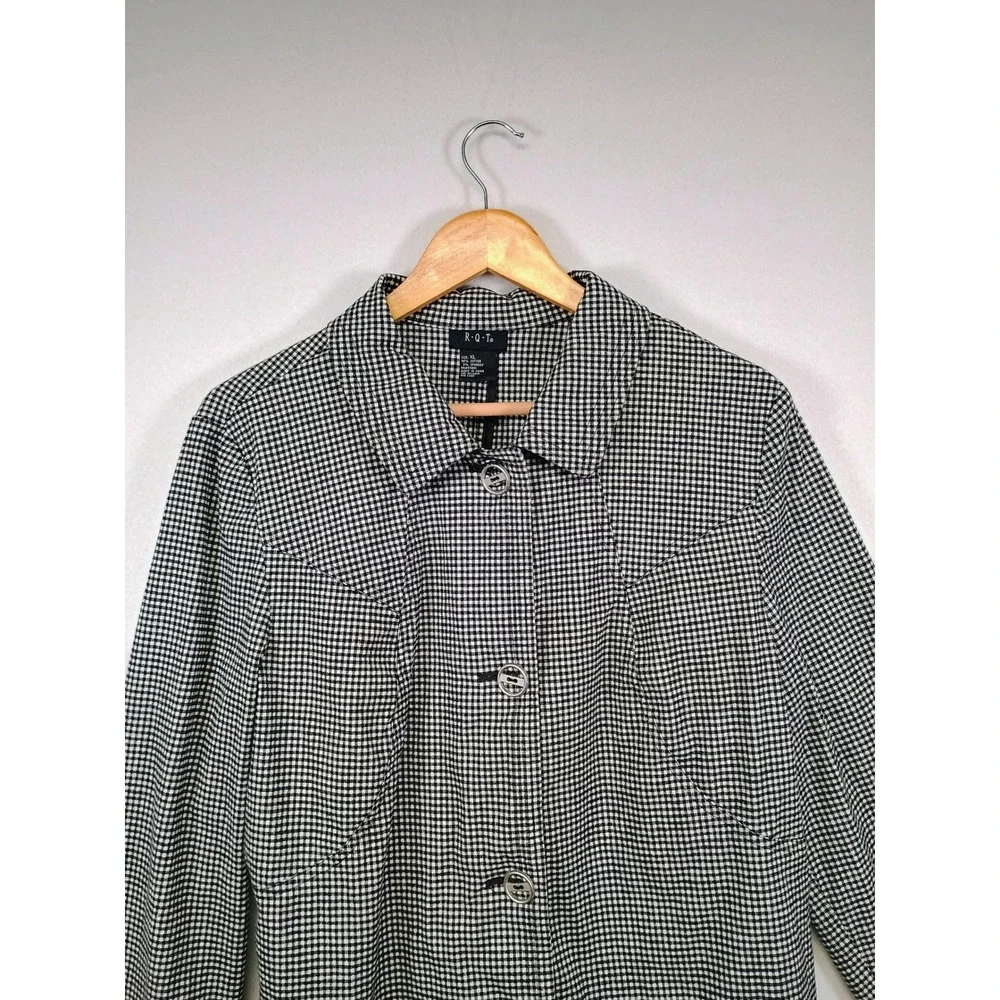 Dark Academia RQT Womens‎ XL Black White Gingham Check Button Up Stretch Jacket